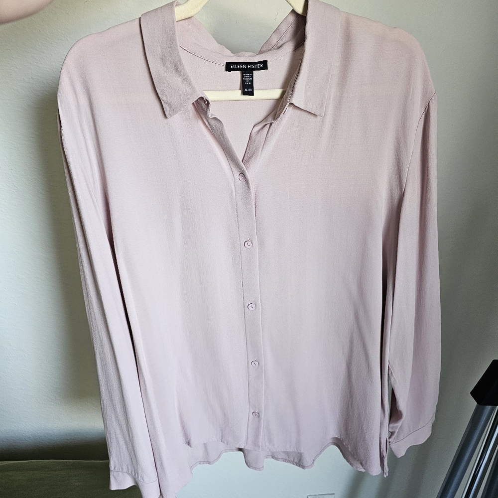 Eileen Fisher Pink Silk Georgette Crepe Classic Collar Shirt XL